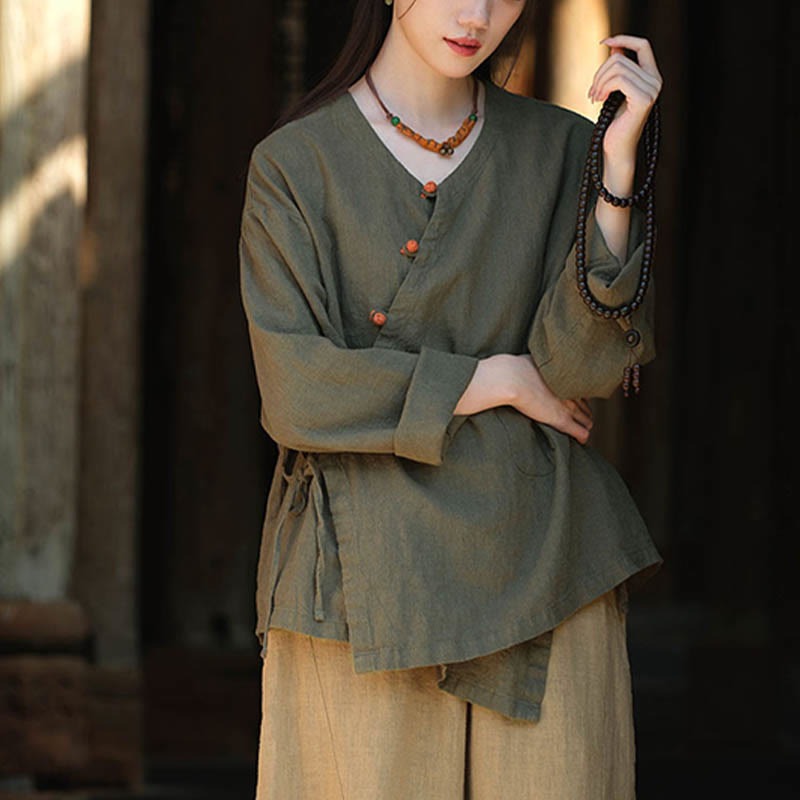 Blusa suelta de lino de ramio de Color sólido con Buddha Stones, camisa de manga larga, Top Hanfu chino - image 10