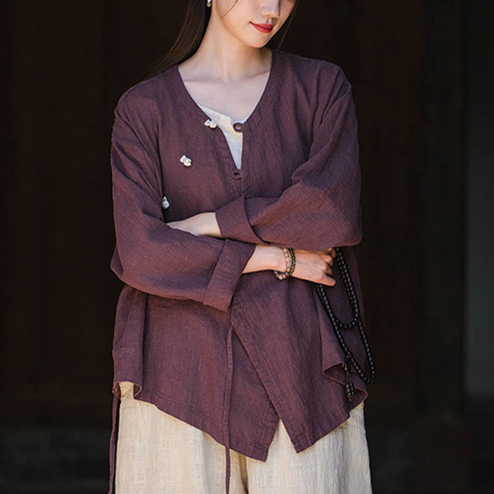 Blusa suelta de lino de ramio de Color sólido con Buddha Stones, camisa de manga larga, Top Hanfu chino - image 20