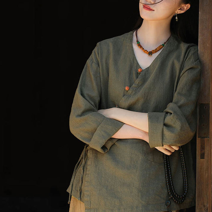 Blusa suelta de lino de ramio de Color sólido con Buddha Stones, camisa de manga larga, Top Hanfu chino - image 12