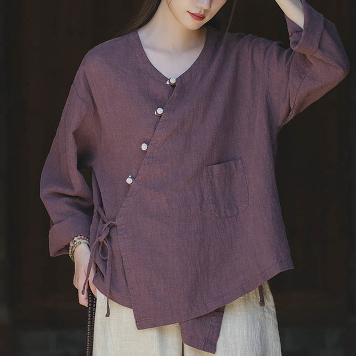 Blusa suelta de lino de ramio de Color sólido con Buddha Stones, camisa de manga larga, Top Hanfu chino - image 17