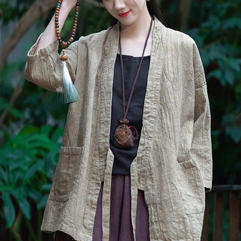 Buddha Stones Hanfu Design Chaqueta de lino de ramio con manga tres cuartos Chaqueta superior con parte delantera abierta - Beige - Tallas: US4-8/10, UK/AU8-12/14, EU36-40/42 (F)- (Solo abrigo) - image 0
