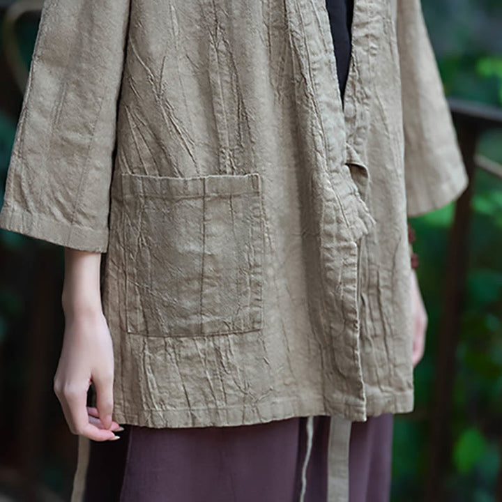 Buddha Stones Hanfu Design Chaqueta de lino de ramio con manga tres cuartos Chaqueta superior con parte delantera abierta - image 12
