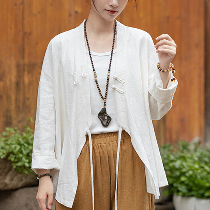 Chaqueta de lino de ramio con diseño Hanfu con botones de rana y Buddha Stones - Blanco (busto 126 cm) (solo parte superior) - image 6