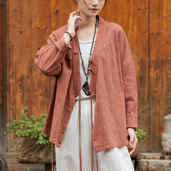 Chaqueta de lino de ramio con diseño Hanfu con botones de rana y Buddha Stones - Rojo (busto 126 cm) (solo parte superior) - image 17