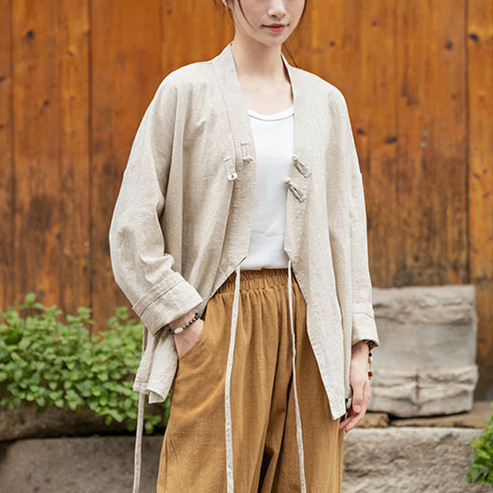 Chaqueta de lino de ramio con diseño Hanfu con botones de rana y Buddha Stones - Beige (busto 126 cm) (solo parte superior) - image 12