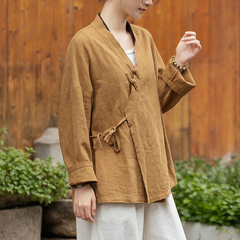 Chaqueta de lino de ramio con diseño Hanfu con botones de rana y Buddha Stones - image 2