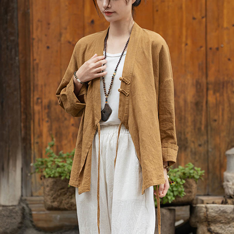 Chaqueta de lino de ramio con diseño Hanfu con botones de rana y Buddha Stones - image 4