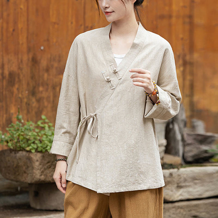 Chaqueta de lino de ramio con diseño Hanfu con botones de rana y Buddha Stones - image 13