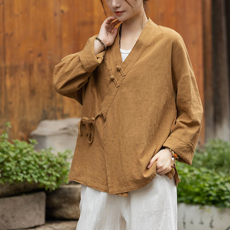 Chaqueta de lino de ramio con diseño Hanfu con botones de rana y Buddha Stones - Amarillo (busto 126 cm) (solo parte superior) - image 0