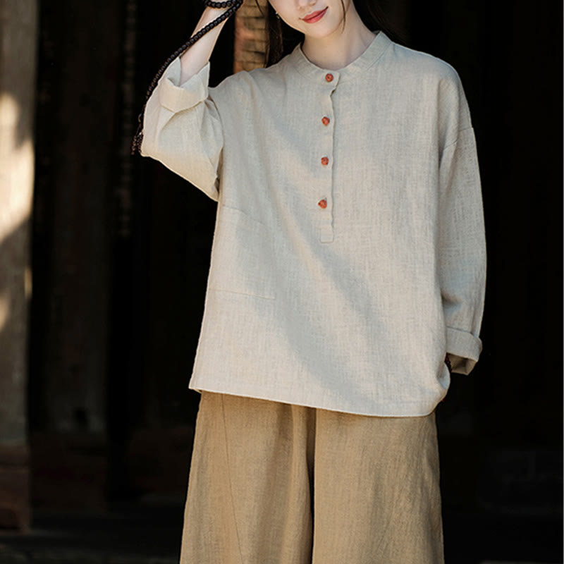 Blusa de manga larga con botones sueltos de color sólido con Buddha Stones - Beige (busto 126 cm) (solo parte superior) - image 12