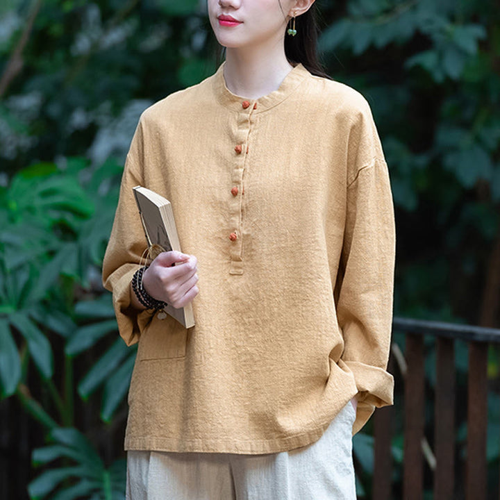 Blusa de manga larga con botones sueltos de color sólido con Buddha Stones - Amarillo (busto 126 cm) (solo parte superior) - image 38