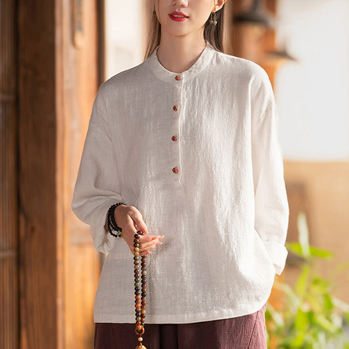 Blusa de manga larga con botones sueltos de color sólido con Buddha Stones - Blanco (busto 126 cm) (solo parte superior) - image 0