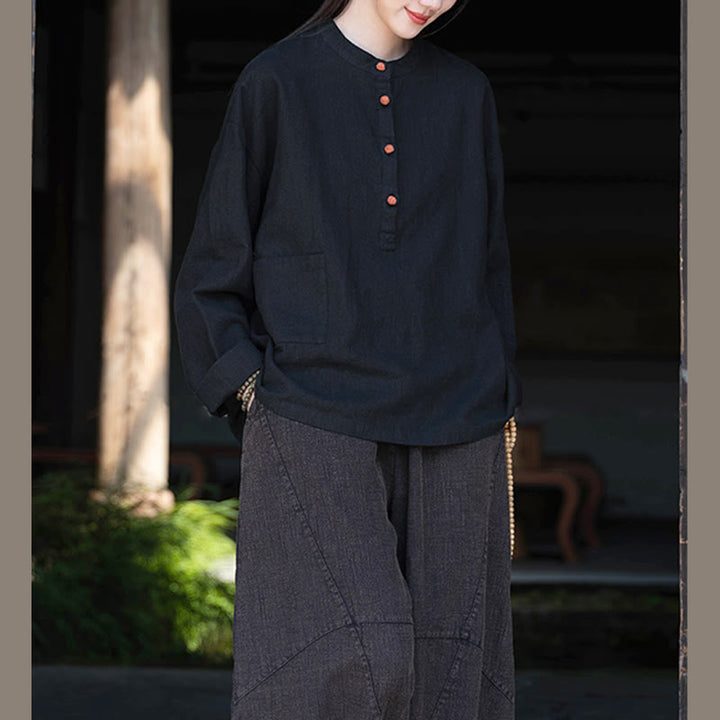 Blusa de manga larga con botones sueltos de color sólido con Buddha Stones - Negro (Busto 126 cm) (Solo la parte superior) - image 28