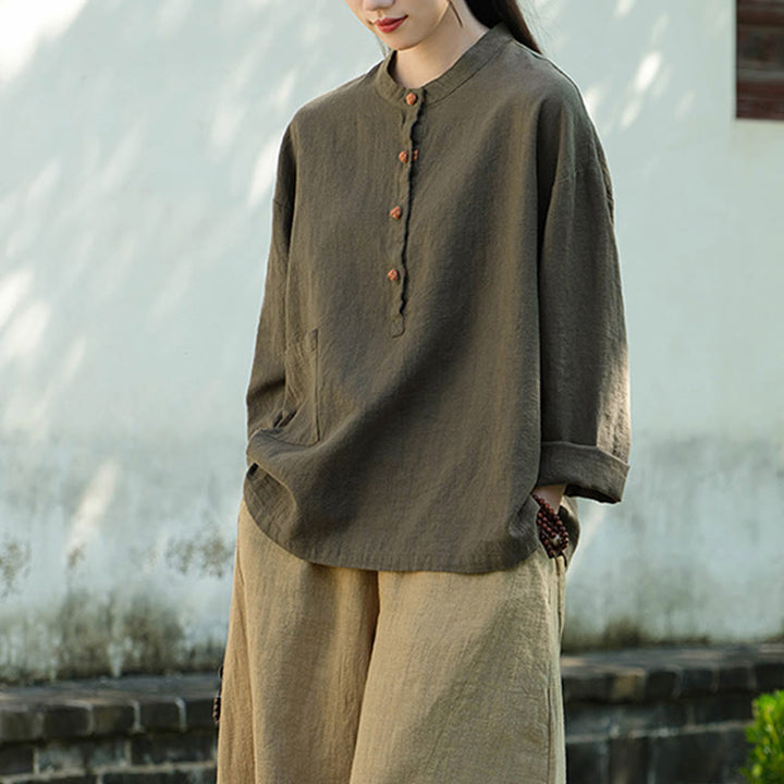 Blusa de manga larga con botones sueltos de color sólido con Buddha Stones - Verde (busto 126 cm) (solo parte superior) - image 21
