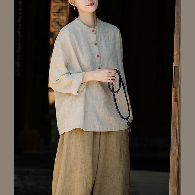 Blusa de manga larga con botones sueltos de color sólido con Buddha Stones - image 16
