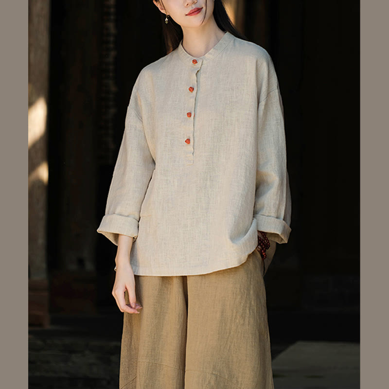 Blusa de manga larga con botones sueltos de color sólido con Buddha Stones - image 17