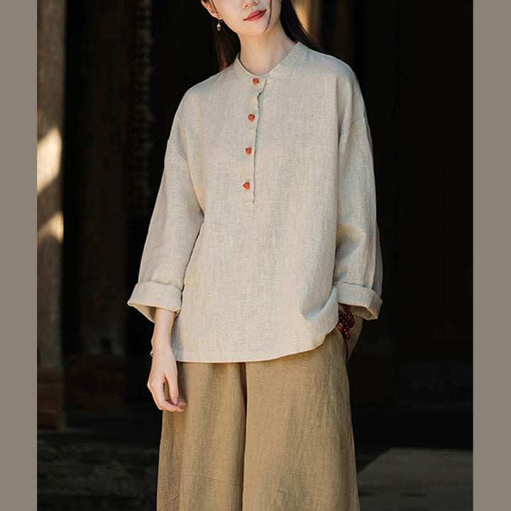 Blusa de manga larga con botones sueltos de color sólido con Buddha Stones - image 17