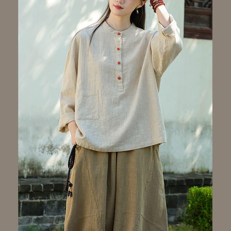 Blusa de manga larga con botones sueltos de color sólido con Buddha Stones - image 15