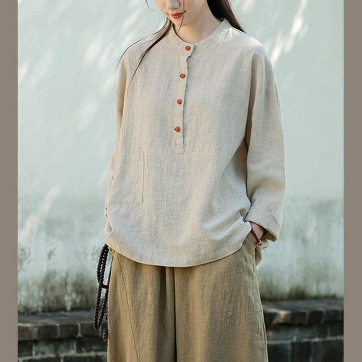 Blusa de manga larga con botones sueltos de color sólido con Buddha Stones - image 14