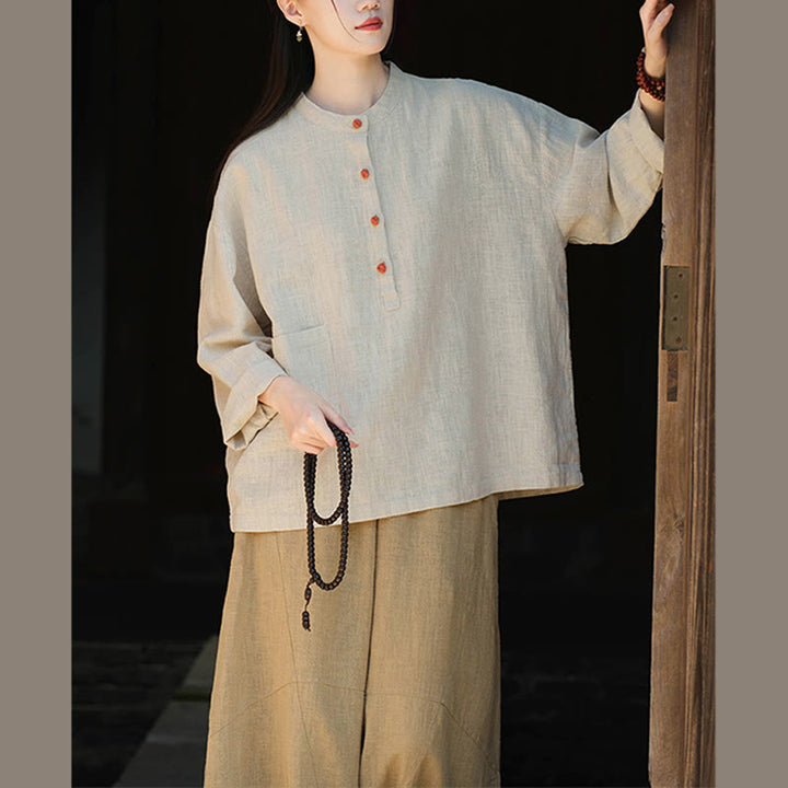 Blusa de manga larga con botones sueltos de color sólido con Buddha Stones - image 18