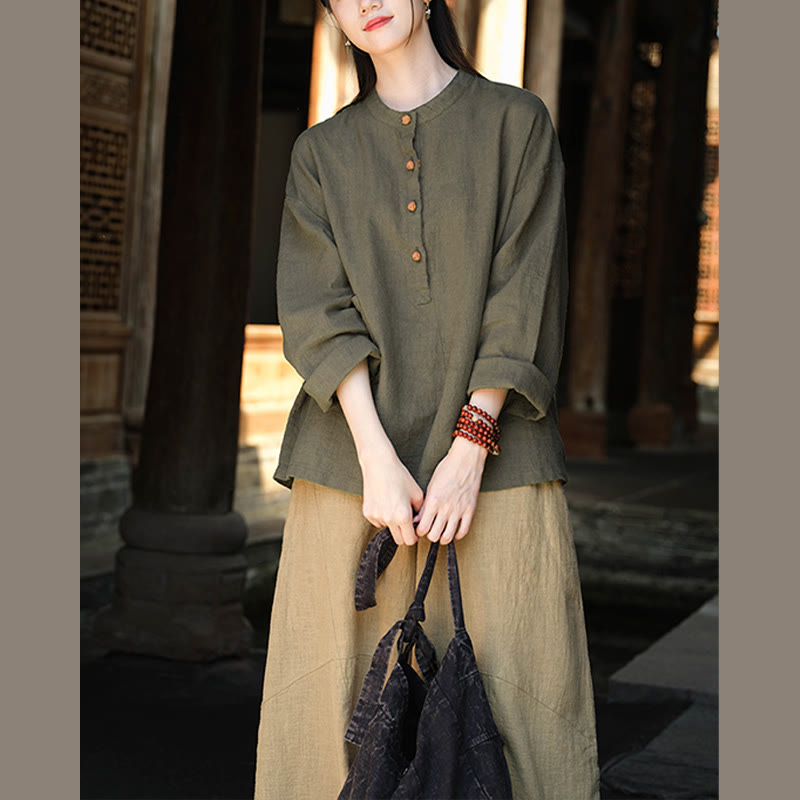 Blusa de manga larga con botones sueltos de color sólido con Buddha Stones - image 24