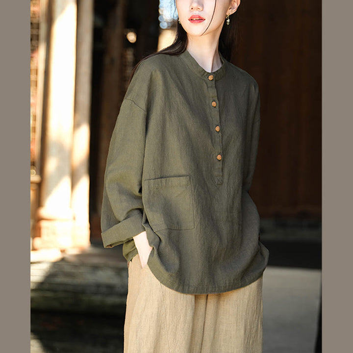 Blusa de manga larga con botones sueltos de color sólido con Buddha Stones - image 22