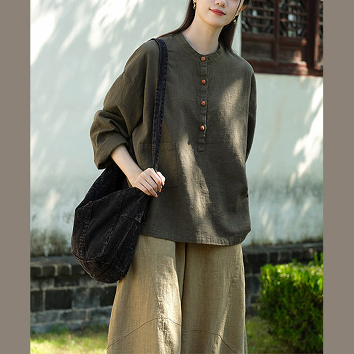 Blusa de manga larga con botones sueltos de color sólido con Buddha Stones - image 25