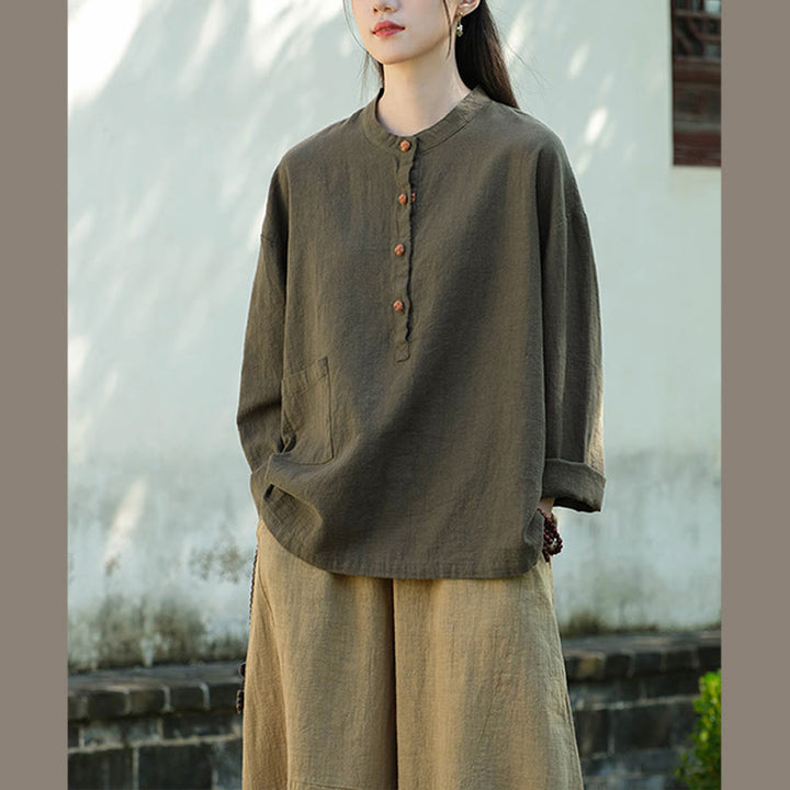 Blusa de manga larga con botones sueltos de color sólido con Buddha Stones - image 23