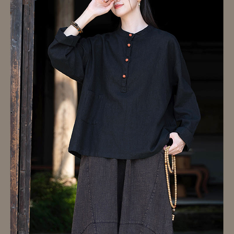 Blusa de manga larga con botones sueltos de color sólido con Buddha Stones - image 32