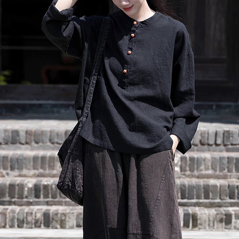Blusa de manga larga con botones sueltos de color sólido con Buddha Stones - image 30