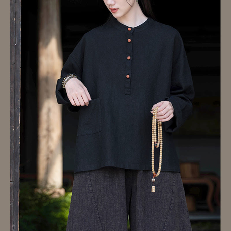 Blusa de manga larga con botones sueltos de color sólido con Buddha Stones - image 33