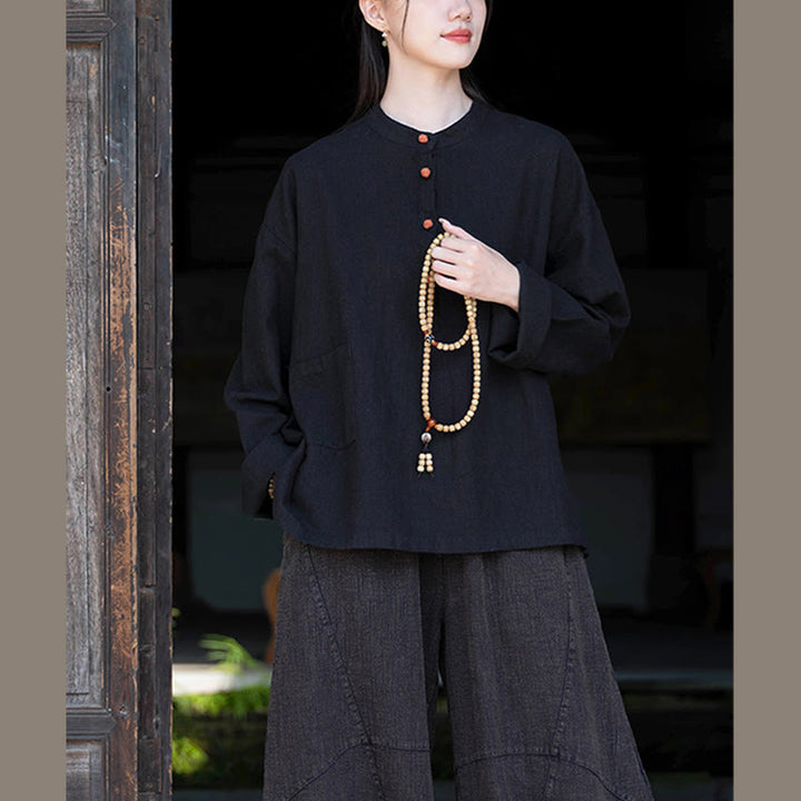 Blusa de manga larga con botones sueltos de color sólido con Buddha Stones - image 35