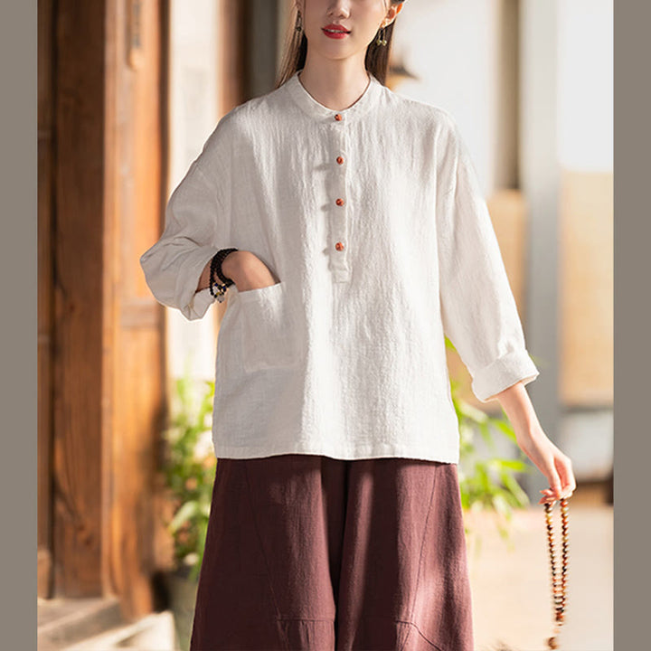 Blusa de manga larga con botones sueltos de color sólido con Buddha Stones - image 5