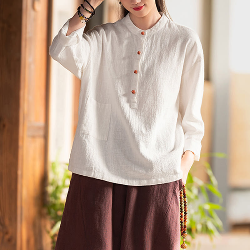 Blusa de manga larga con botones sueltos de color sólido con Buddha Stones - image 3