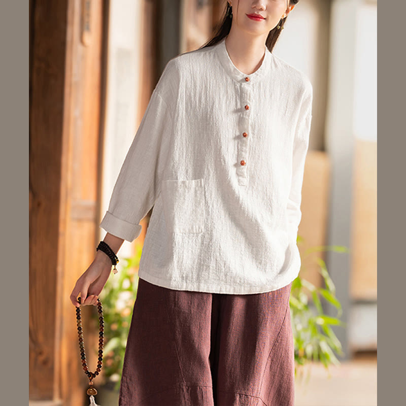 Blusa de manga larga con botones sueltos de color sólido con Buddha Stones - image 6