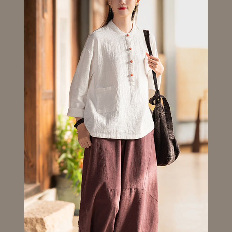 Blusa de manga larga con botones sueltos de color sólido con Buddha Stones - image 9