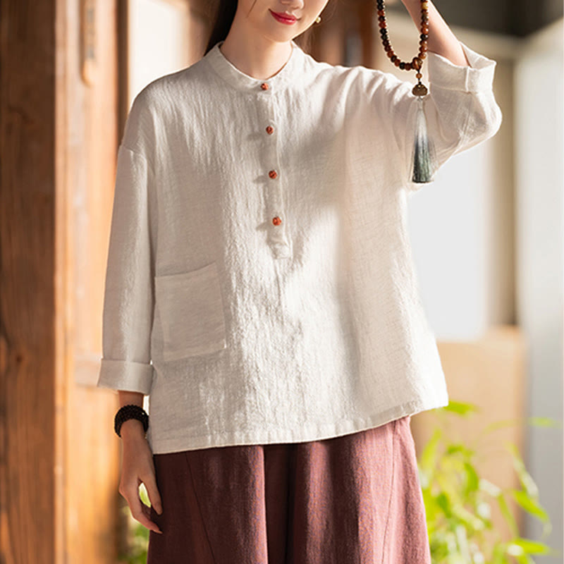 Blusa de manga larga con botones sueltos de color sólido con Buddha Stones - image 1