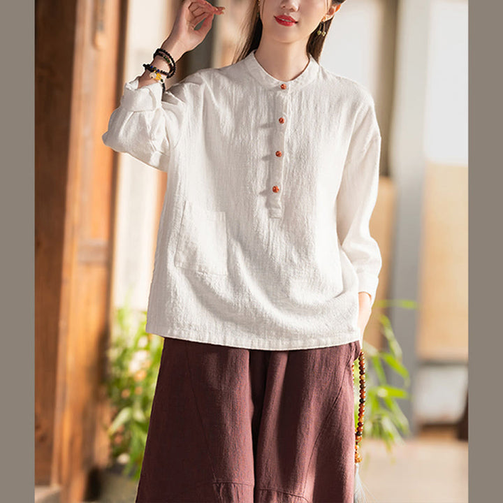 Blusa de manga larga con botones sueltos de color sólido con Buddha Stones - image 7