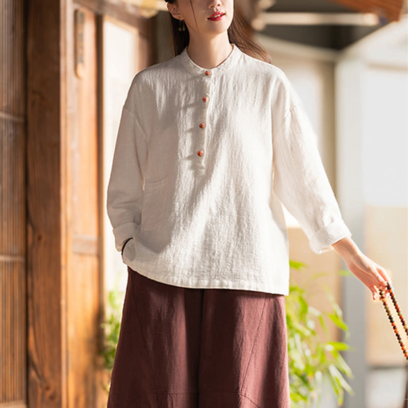 Blusa de manga larga con botones sueltos de color sólido con Buddha Stones - image 4