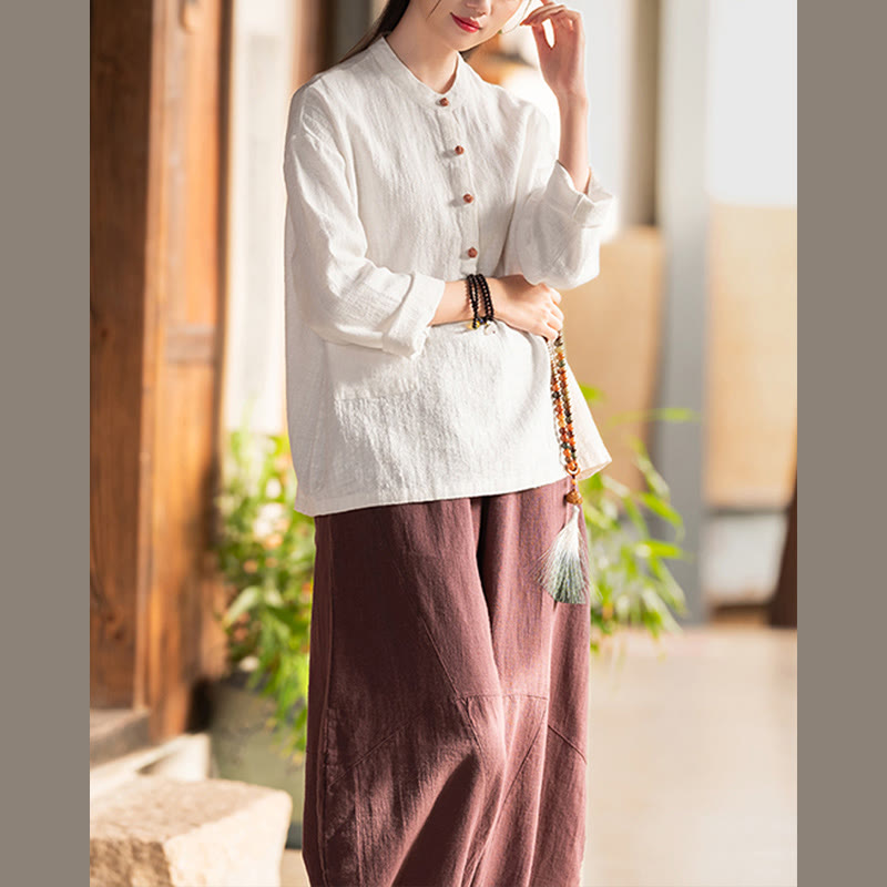 Blusa de manga larga con botones sueltos de color sólido con Buddha Stones - image 8