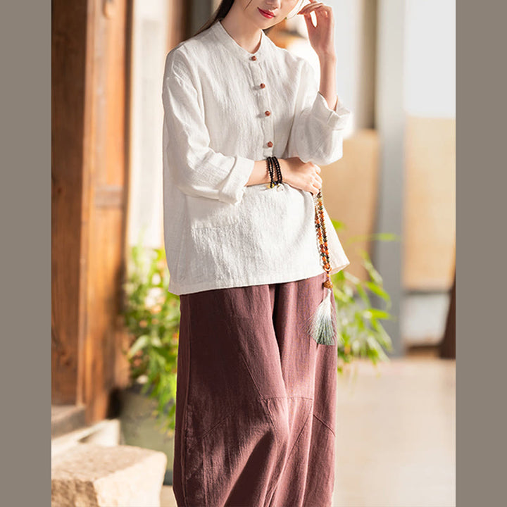 Blusa de manga larga con botones sueltos de color sólido con Buddha Stones - image 8