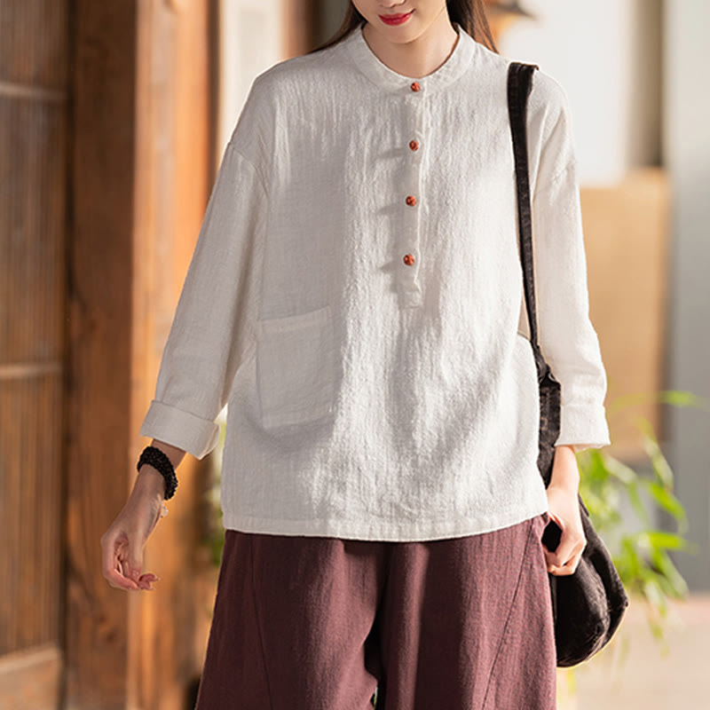 Blusa de manga larga con botones sueltos de color sólido con Buddha Stones - image 2