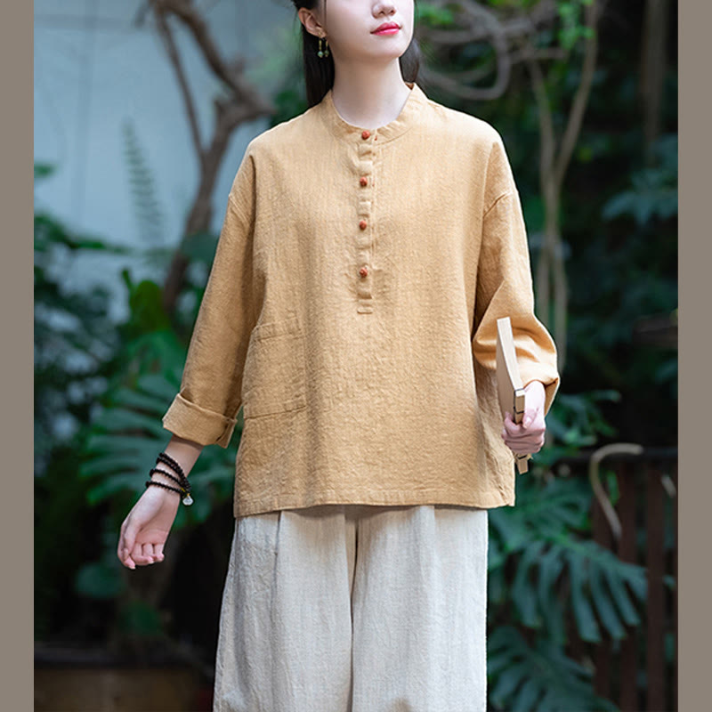 Blusa de manga larga con botones sueltos de color sólido con Buddha Stones - image 39