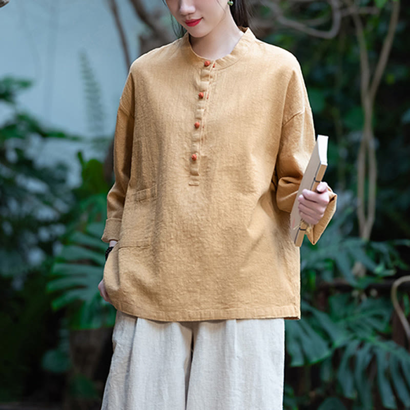 Blusa de manga larga con botones sueltos de color sólido con Buddha Stones - image 40