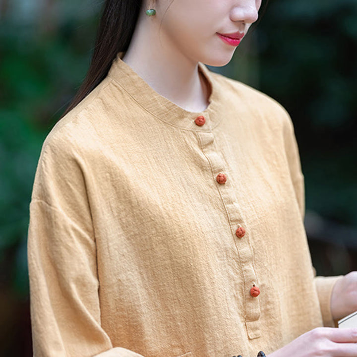 Blusa de manga larga con botones sueltos de color sólido con Buddha Stones - image 45