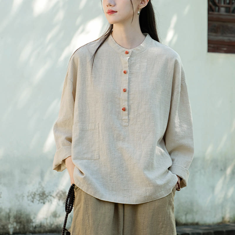 Blusa de manga larga con botones sueltos de color sólido con Buddha Stones - image 13
