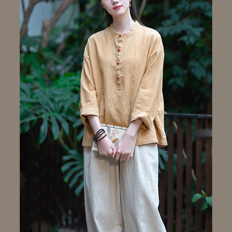 Blusa de manga larga con botones sueltos de color sólido con Buddha Stones - image 42