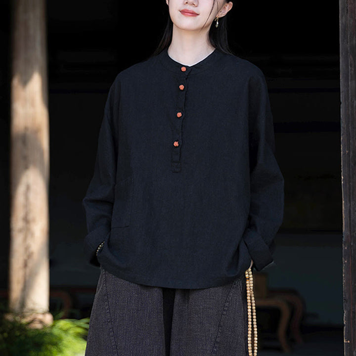 Blusa de manga larga con botones sueltos de color sólido con Buddha Stones - image 34