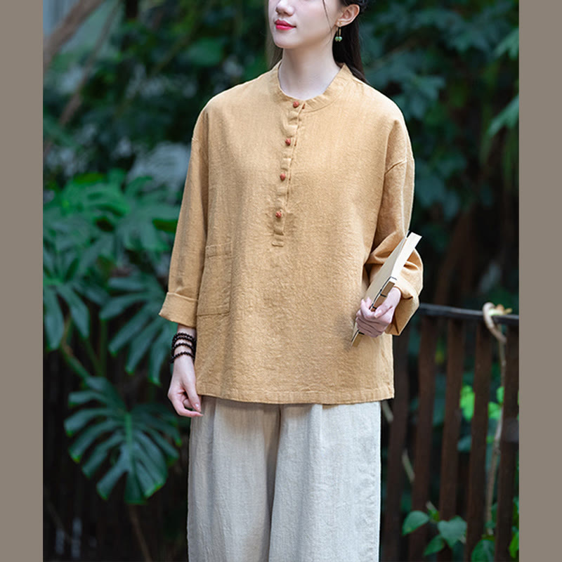 Blusa de manga larga con botones sueltos de color sólido con Buddha Stones - image 44
