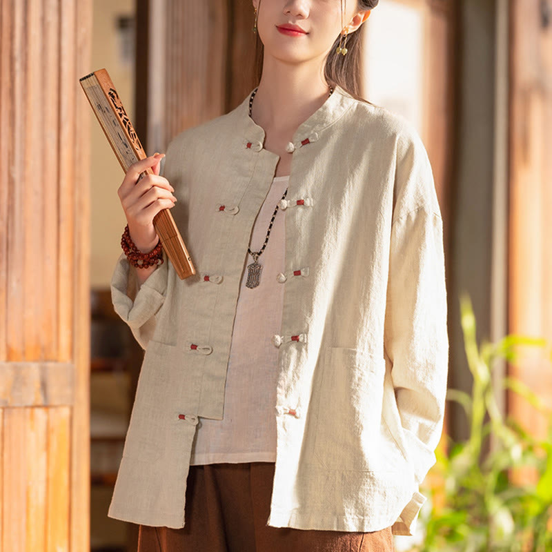 Camisa con botones de rana y Buddha Stones, Top de meditación Zen, chaqueta de lino y algodón - Beige (busto 120 cm) (solo parte superior) - image 0